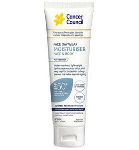 【現貨】澳洲Cancer Council Face Day Wear Moisturiser Water Resistant SPF 50+ 防曬保濕乳霜75ml (防水配方) (臉部和身體適用），$65/支  《不計印商品》