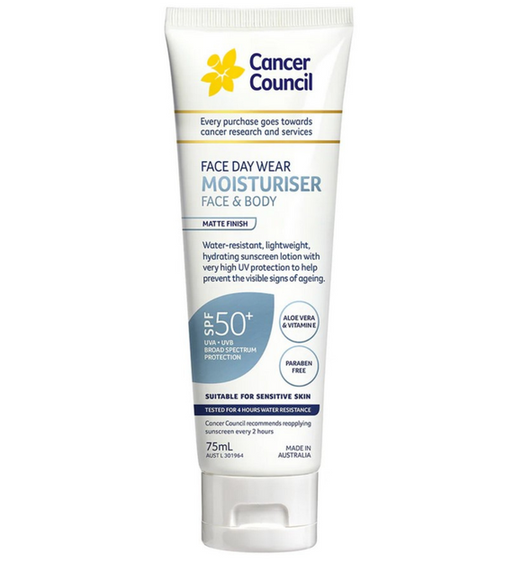 【現貨】澳洲Cancer Council Face Day Wear Moisturiser Water Resistant SPF 50+ 防曬保濕乳霜75ml (防水配方) (臉部和身體適用),$65/支 《不計印商品》
