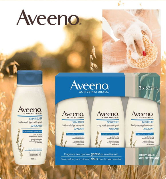 【現貨】Aveeno Skin Relief Body Wash 天然燕麥高效舒緩沐浴露 532ml，[A] $58/1支，[B] 148/1套3支 (平均約 $49/支) 《不計印商品》