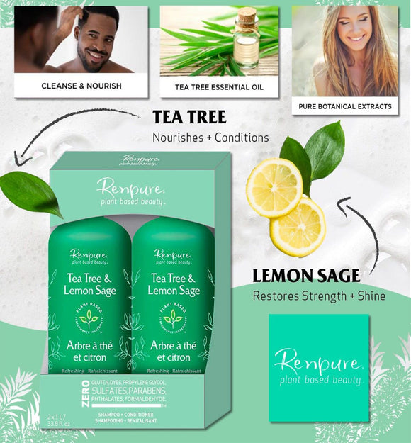 【現貨】加拿大製 Renpure Tea Tree & Lemon Sage Refreshing Moisture Shampoo / Conditioner  茶樹+檸檬鼠尾草洗髮水/ 護髮素 1L，$89/1支 ，$169/2支 (平均$84.5)《不計印商品》